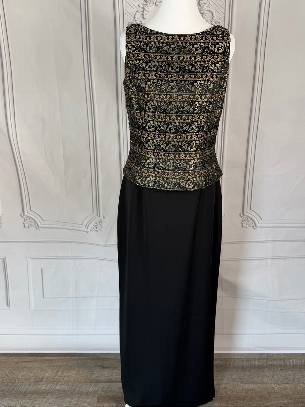 Vintage Marie St. Claire 6 Black Gold Beaded Brocade Formal Evening Gown 90s